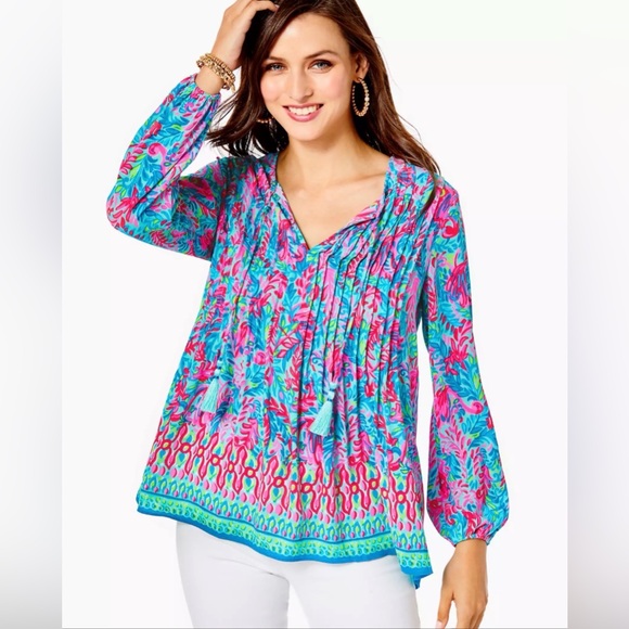 Lilly Pulitzer Tops - Lilly Pulitzer Turquoise Pink Floral Tassel Peasant Blouse